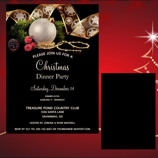 Invitation Luxe Gold Black Silver Xmas Ornementations Dîner (Créateur téléchargé)