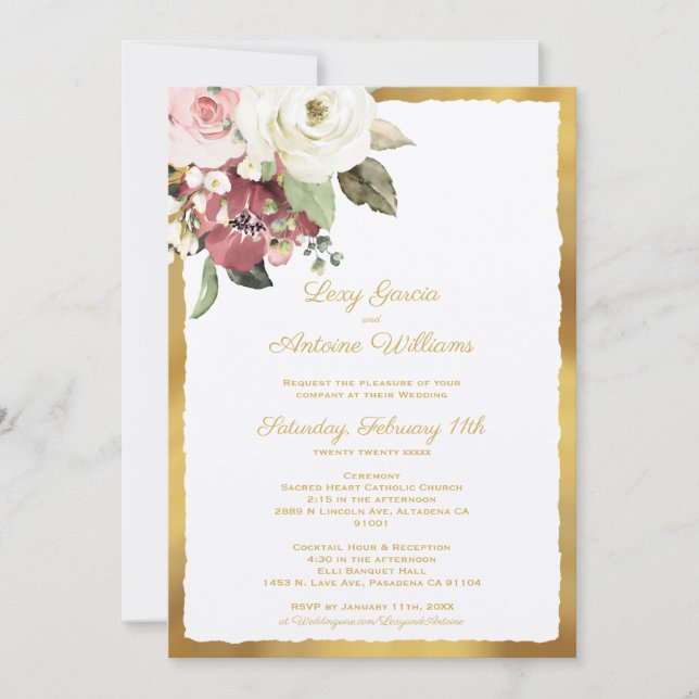 Invitation Luxe Gold Edge Mauve Rose Aquarelle Blanche (Devant)