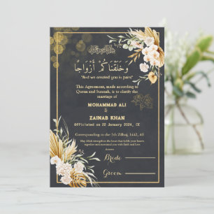 Invitation Luxe Gold Floral Frame Black Nikah contrat