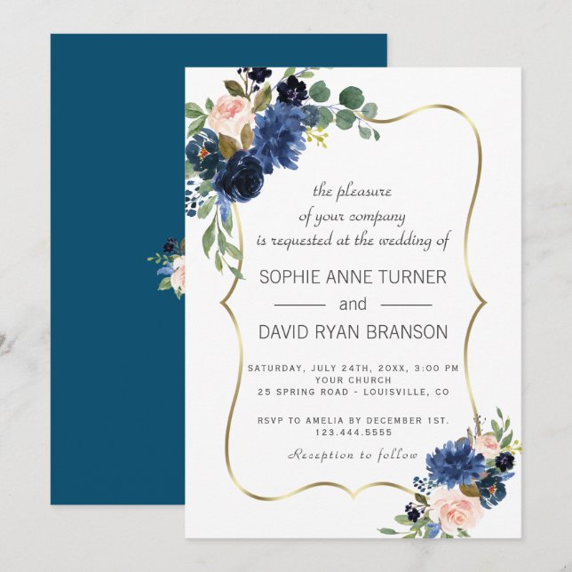 Invitation Luxe Gold Marine Blue Blush Flowers Mariage en fle (Devant / Derrière)