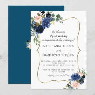 Invitation Luxe Gold Marine Blue Blush Flowers Mariage en fle