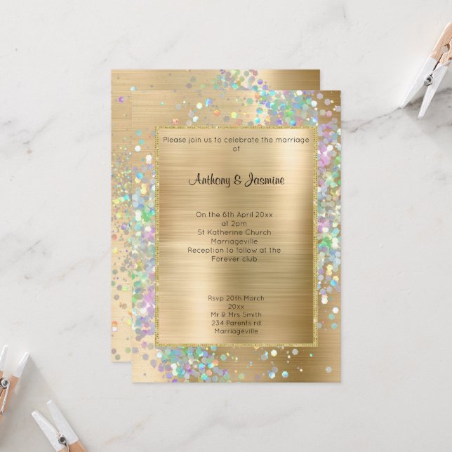 INVITATION LUXE GOLD METALLIC HOLOGRAPHIQUE PASTEL MARIAGE (Devant/Arrière en situation)
