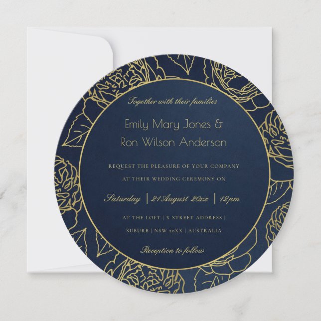 INVITATION LUXE GOLD NAVY KRAFT ELEGANT ROSE FLORAL MARIAGE (Devant)