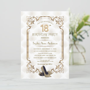 Invitation Luxe Gold White Art Déco 18e anniversaire