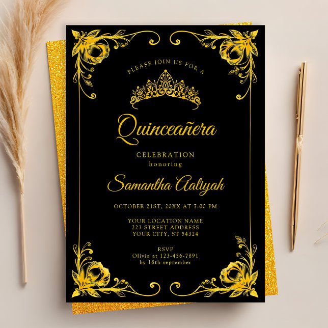 Invitation Luxe Golden Crown Black and Gold Quinceanera (Créateur téléchargé)