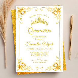 Invitation Luxe Golden Crown White et Gold Quinceanera