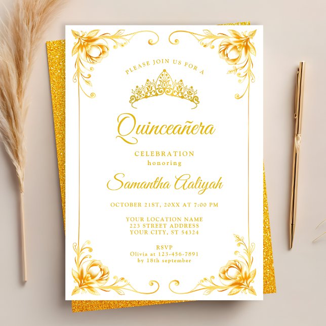 Invitation Luxe Golden Crown White et Gold Quinceanera (Créateur téléchargé)