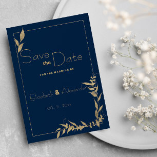 Invitation Luxe marine bleu doré feuillage Enregistrer la dat