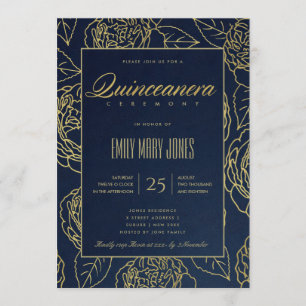 INVITATION LUXE MARINE OR ÉLÉGANT ROSE FLORAL QUINCEANERA