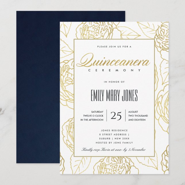 INVITATION LUXE MARINE OR ÉLÉGANT ROSE FLORAL QUINCEANERA (Devant / Derrière)