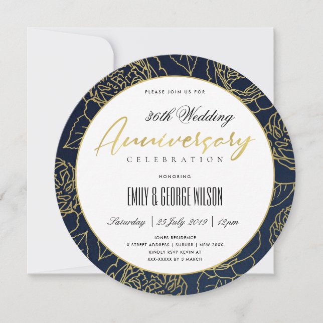 INVITATION LUXE MARINE OR ROSE FLORAL TOUTE ANNÉE ANNIVERSAIR (Devant)