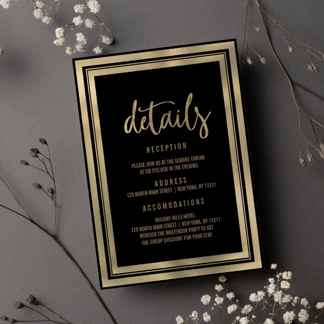 Invitation Luxe minimaliste or noir mariage Détails (Minimalist luxury black gold wedding Details )