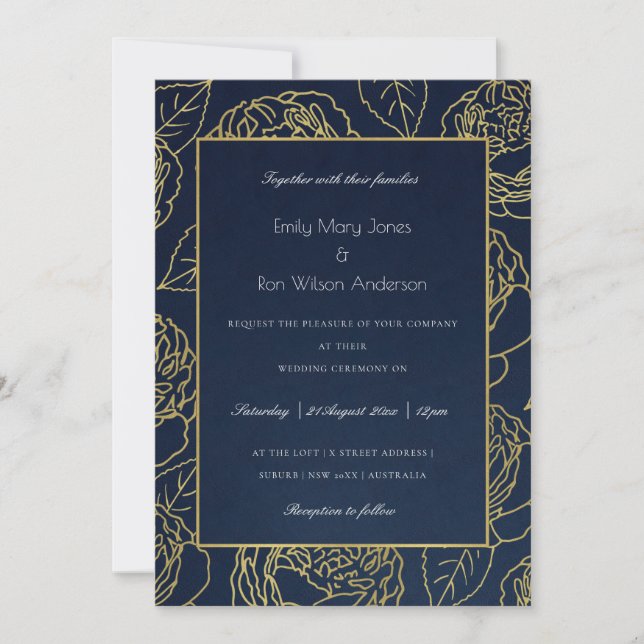 INVITATION LUXE NAVY GOLD KRAFT ELEGANT ROSE FLORAL MARIAGE (Devant)