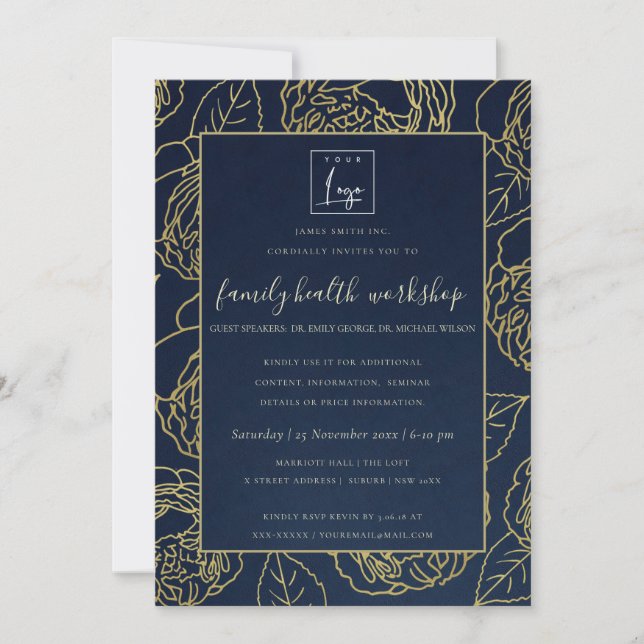 INVITATION LUXE NAVY GOLD KRAFT ROSE ATELIER FLORAL (Devant)