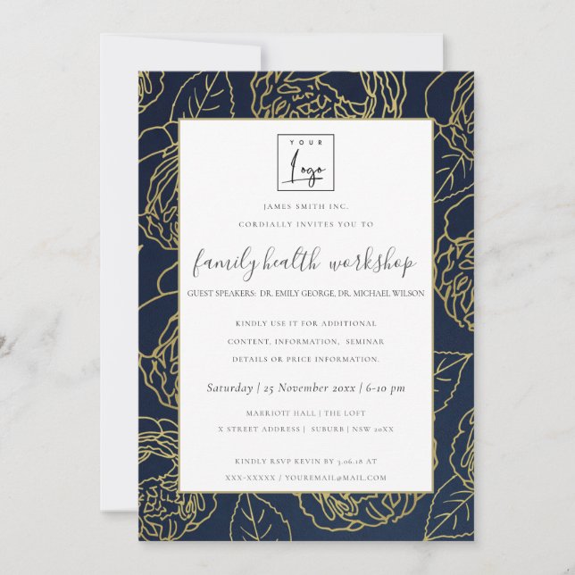 INVITATION LUXE NAVY GOLD WHITE ROSE FLORAL ATELIER ÉVÉNEMENT (Devant)