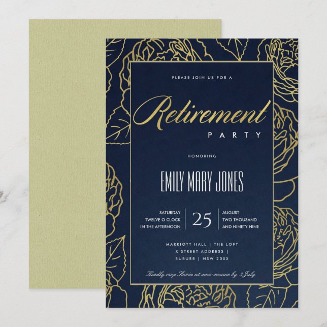 INVITATION LUXE NAVY OR ÉLÉGANT ROSE FLEURIE RETRAITE (Devant / Derrière)