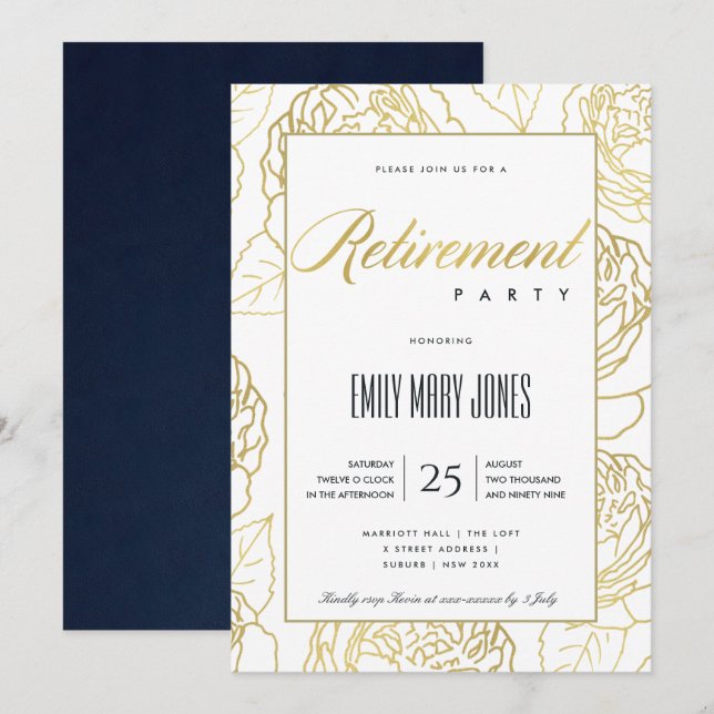 INVITATION LUXE NAVY OR ÉLÉGANT ROSE FLEURIE RETRAITE (Devant / Derrière)