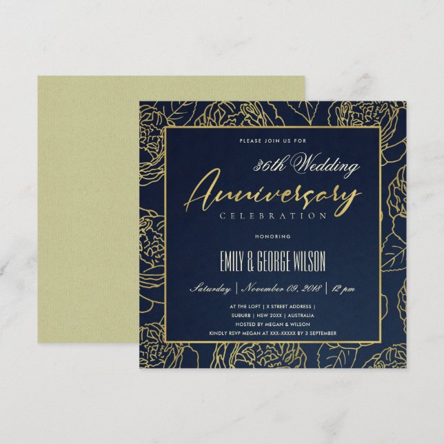 INVITATION LUXE NAVY OR ROSE FLORAL POUR ANNIVERSAIRE TOUTE A (Devant / Derrière)