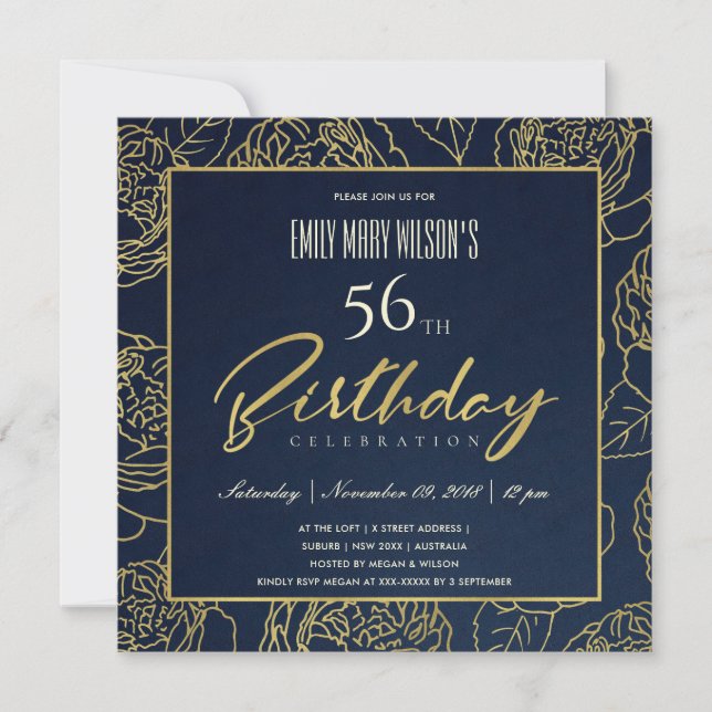 INVITATION LUXE NAVY OR ROSE FLORAL TOUT ÂGE ANNIVERSAIRE (Devant)