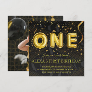 Invitation Luxe Noir et Or confetti Photo Anniversaire