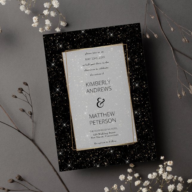 Invitation Luxe noir glam or parties scintillant confetti Mar (Luxury black glam gold glitter confetti Wedding )