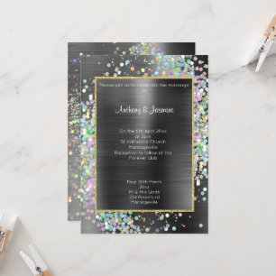 INVITATION LUXE NOIR MÉTALLIQUE HOLOGRAPHIQUE MARIAGE PASTEL