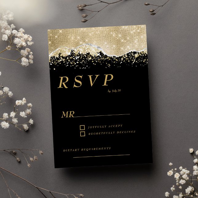 Invitation Luxe noir or argent parties scintillant confetti R (Luxury black gold silver glitter confetti RSVP )