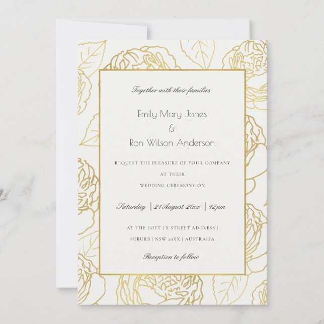 INVITATION LUXE OR BLANC MARINE ÉLÉGANT ROSE FLORAL MARIAGE (Devant)