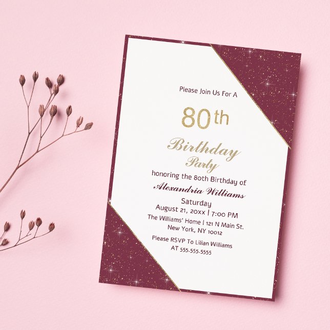Invitation Luxe or bordeaux 80e fête d'anniversaire (Luxury burgundy gold 80th Birthday Party )