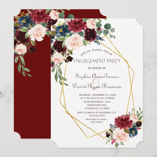 Invitation Luxe or géométrique Bourgogne Fiançailles floral (Devant / Derrière)