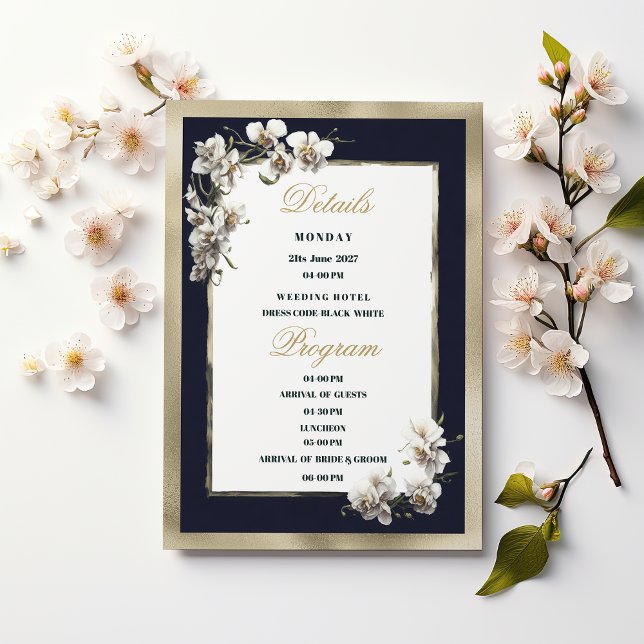 Invitation Luxe or marine bleu blanc orchidée Détails Program (Luxury gold navy blue white orchid Details Program )