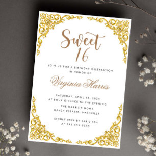 Invitation Luxe Or Ornate Sweet sixteen blanc 16 Anniversaire
