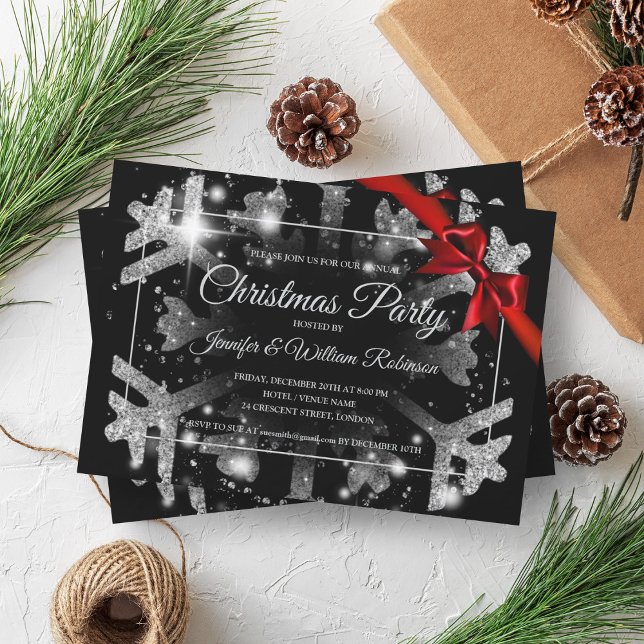 Invitation Luxe Parties scintillant Argent Noël Fête Rouge Ru (Luxe Silver Glitter Xmas Holiday Red Ribbon Black Invitation)