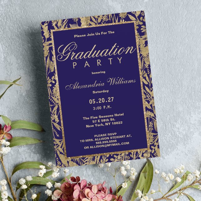 Invitation Luxe parties scintillant or violet  floral Graduat (Luxury purple gold glitter floral Graduation)