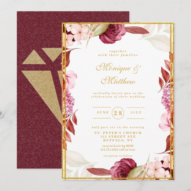 Invitation Luxe Pink Gold Peony Parties scintillant Mariage d (Devant / Derrière)
