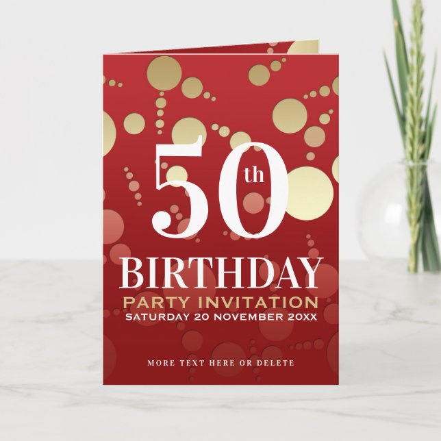 Invitation Luxe Red Gold 50e fête d'anniversaire plié (Devant)