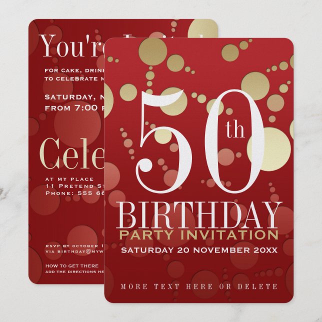 Invitation Luxe Red Gold 50th Birthday Party (Devant / Derrière)