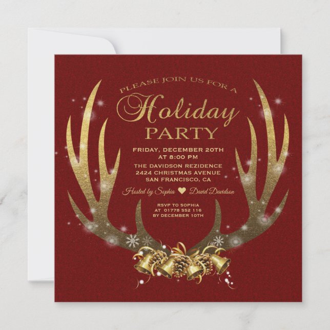 Invitation Luxe Red Gold Foil Antlers Fête (Devant)