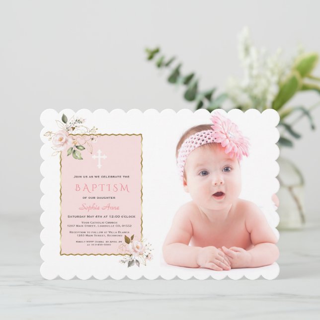 Invitation Luxe Rose Blush Or Floral Photo Girl Baptême (Debout devant)
