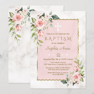 Invitation Luxe rose Fleurs blanches en or Marbre Baptême