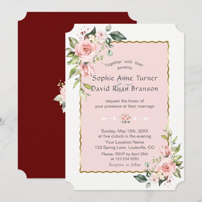 Invitation Luxe rose Fleurs blanches Mariage Gold Frame (Devant / Derrière)