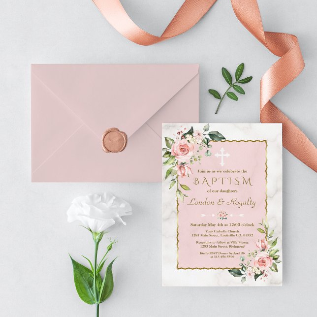 Invitation Luxe rose Fleurs Blush Or Marbre Girl Baptême (Créateur téléchargé)