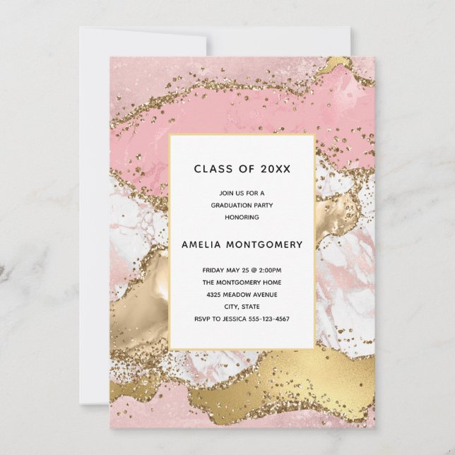Invitation Luxe Rose Gold Rose Marbre Design Graduation (Devant)