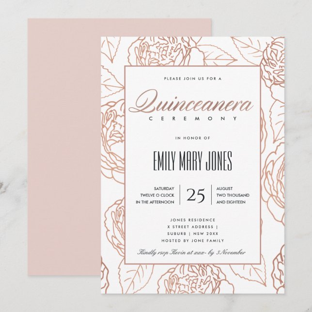 INVITATION LUXE ROSE ROSE ROSE ROSE OR FLORAL QUINCEANERA (Devant / Derrière)