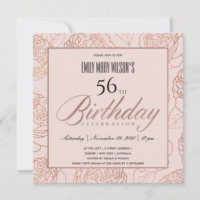 INVITATION LUXE ROSE ROSE ROSE ROSE OR FLORAL TOUT ÂGE ANNIVE (Devant)