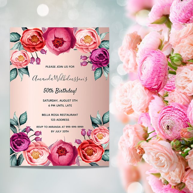 Invitation Luxe rose vif et fleurie rose d'anniversaire (Créateur téléchargé)
