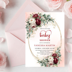 Invitation Luxe Rouge Foncé Floral Coeur Forme Police Bébé Sh
