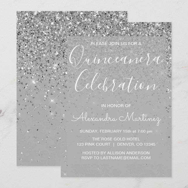 Invitation Luxe Silver Girl Parties scintillant étincelante Q (Devant / Derrière)