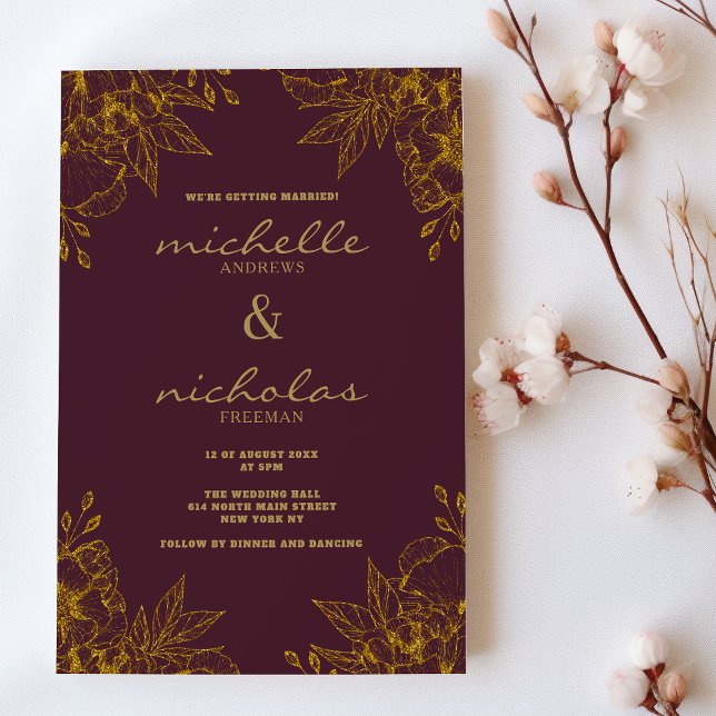 Invitation Luxe teinte bordeaux or parties scintillant mariag (Luxury hue burgundy gold glitter floral wedding)