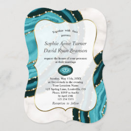 Invitation Luxe Turquoise Aquarelle Agate Pearls Mariage